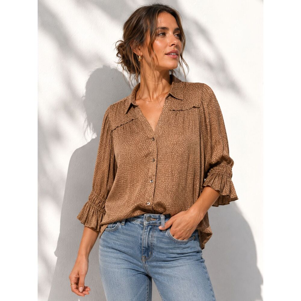 Democracy Brown Polka Dot Blouse Women’s S Ruffle Sleeve Button Front